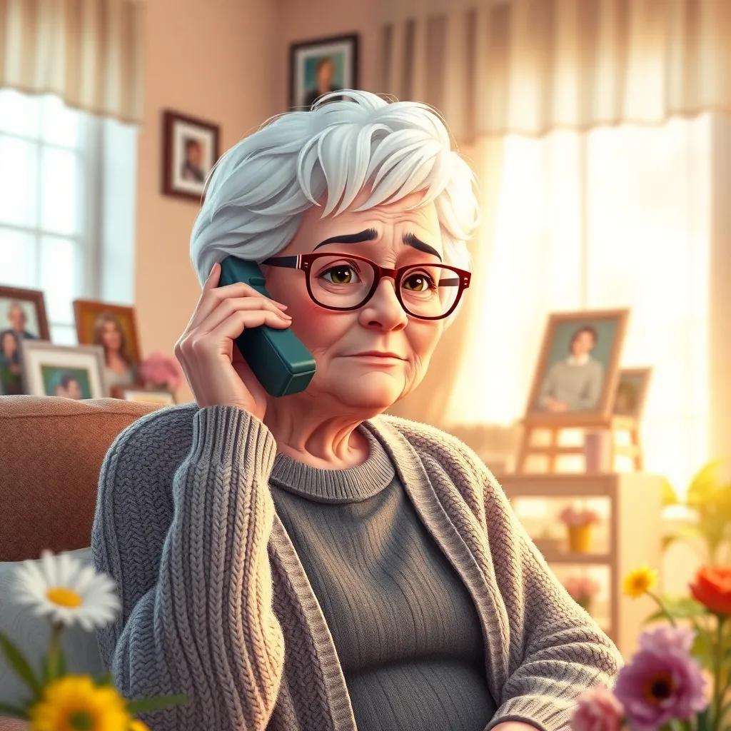 A sweet grandmother with short white hair and glasses, wearing a cozy cardigan, talking on the phone with a worried expression, sitting in a sunlit living room filled with family photos and flowers, digital art, warm light, cheerful atmosphere, inviting scene, high quality