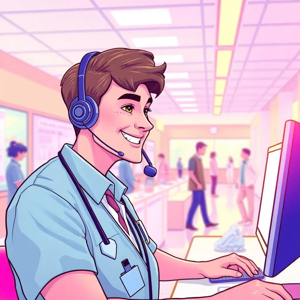 An operator at a hospital with a friendly smile, wearing a headset and looking at a computer screen, in a bright and busy reception area, vibrant colors, detailed digital illustration, focused and professional ambiance, high quality