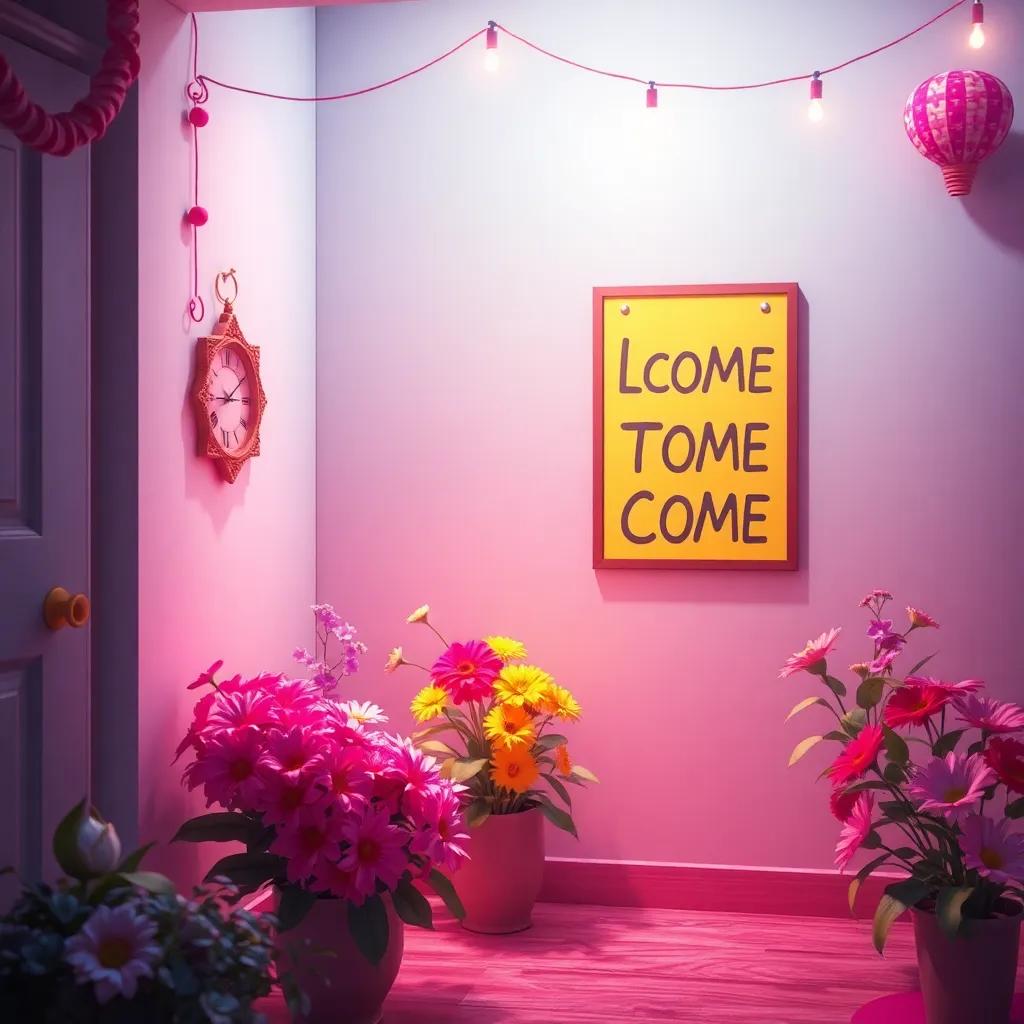  and welcoming decorations, soft light filtering in, colorful flowers and a cheerful poster on the wall, digital art, heartwarming, inviting scene, high quality