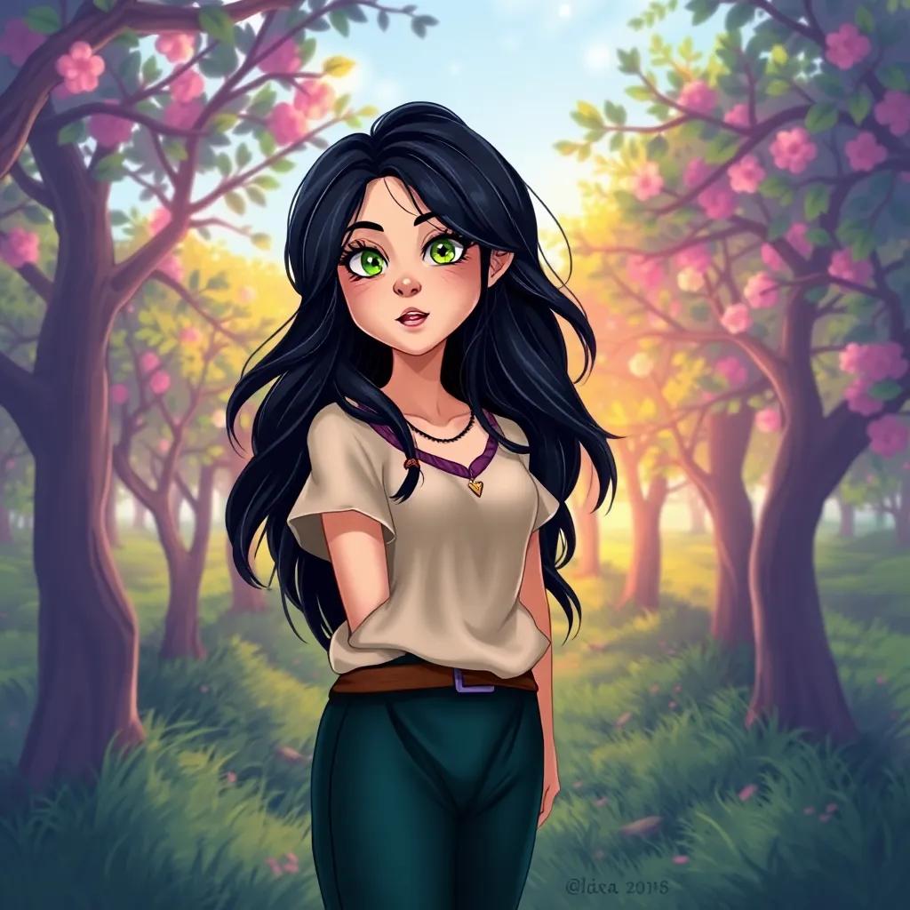 A young woman, Elara, with raven-black hair and sparkling green eyes, standing in an orchard with trees whispering secrets, wearing a tunic and pants, excited expression, digital art, vibrant colors, magical atmosphere, high quality