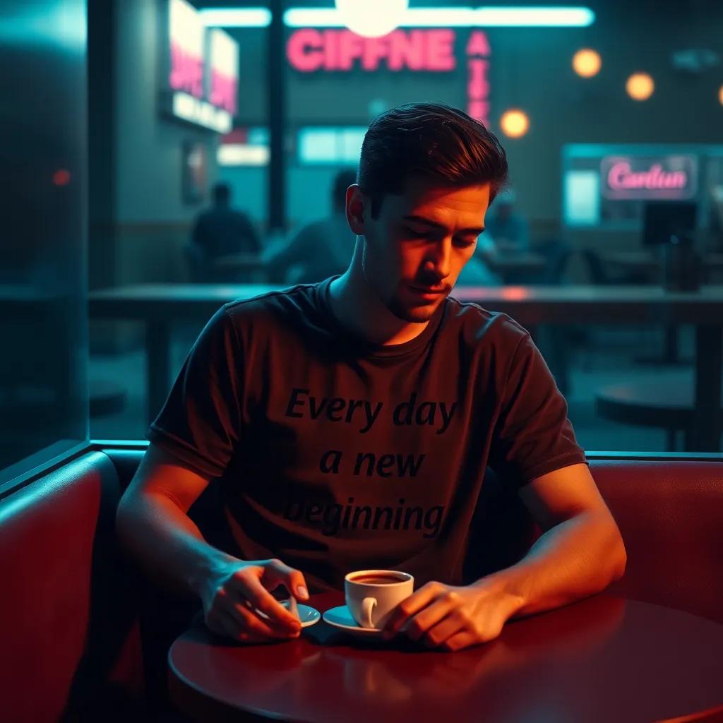 A sad man sitting alone at a small café table with a cup of coffee, wearing a T-shirt that says 'Every day is a new beginning', dim lighting, soft focus, contemplative mood, warm colors