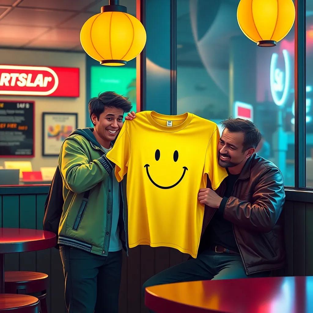 A cheerful stranger handing a bright yellow T-shirt with a big smiley face on it to the sad man at the café, lively expressions, bright colors, inviting atmosphere, optimistic feel