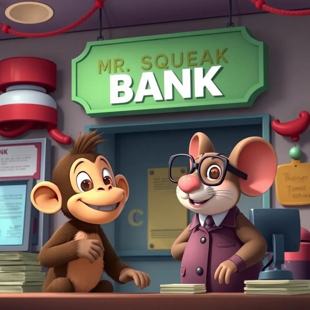 Benny the monkey at the bank, talking to a kind banker mouse named Mr. Squeak with glasses, in a small bank that has a big sign, colorful decorations, cartoon style, child-friendly, cheerful environment, detailed