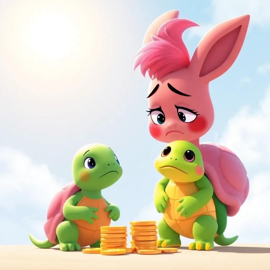 Benny looking sad with droopy ears, calculating his coins under a sunny sky, with Tia the turtle, a green turtle with a pink shell, standing beside him, encouraging, bright and vibrant colors, playful scene, uplifting style
