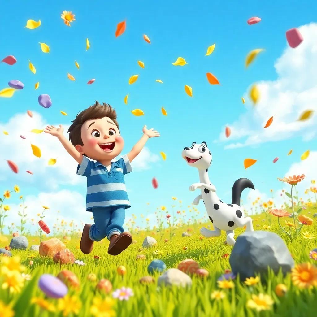 Benny dancing joyfully in a field, collecting colorful stones and leaves with Tia, excited expressions, bright blue sky and lots of flowers, cartoonish style, detailed, happy atmosphere, friendly perspective