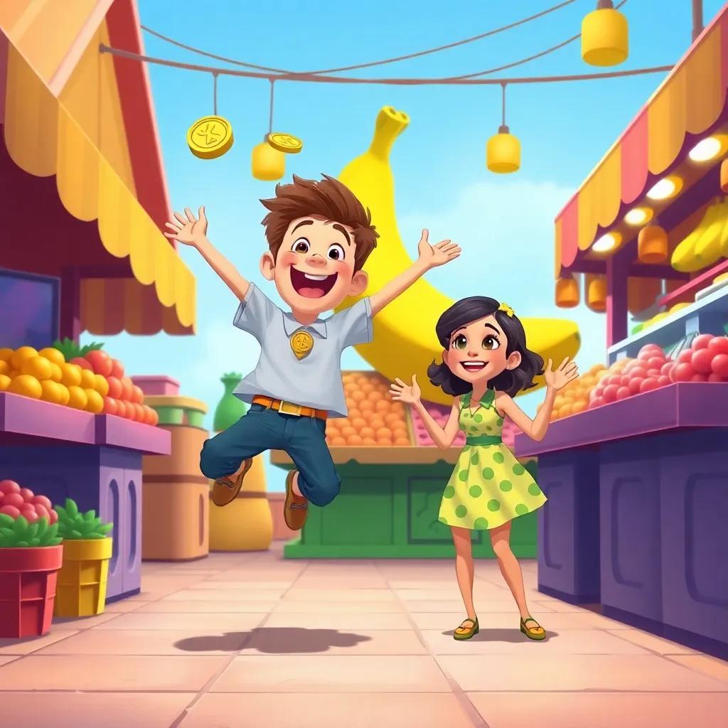 Benny jumping in excitement with his coins, Tia cheering nearby, in front of a fruit stand with the biggest banana, bright colors, joyful expressions, engaging perspective, cheerful illustration