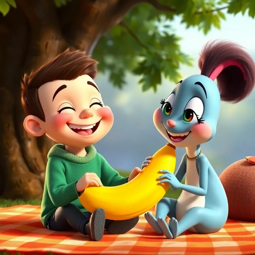 Benny with a big banana in his hands, smiling broadly next to Tia, they share the banana on a picnic blanket under a tree, warm lighting, happy colors, playful environment, friendly interaction