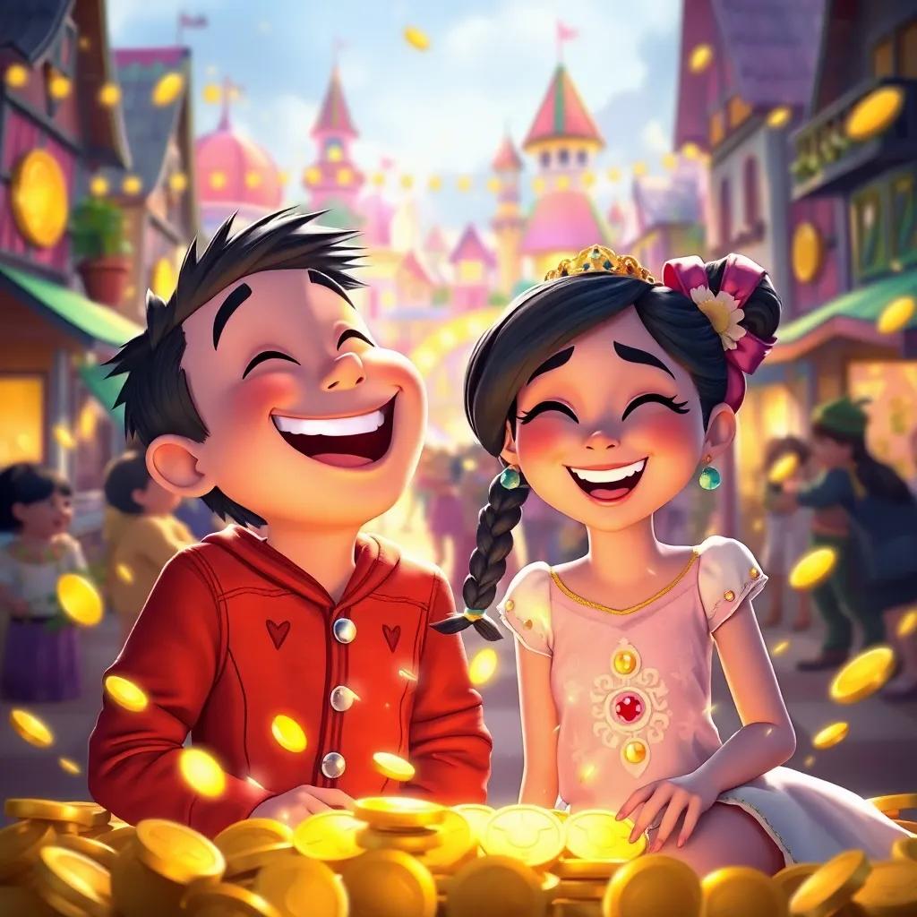 Benny and Tia laughing together, surrounded by sparkles of coins and the townsfolk celebrating, bright and colorful town in the background, joyful expressions, vibrant color scheme, engaging atmosphere