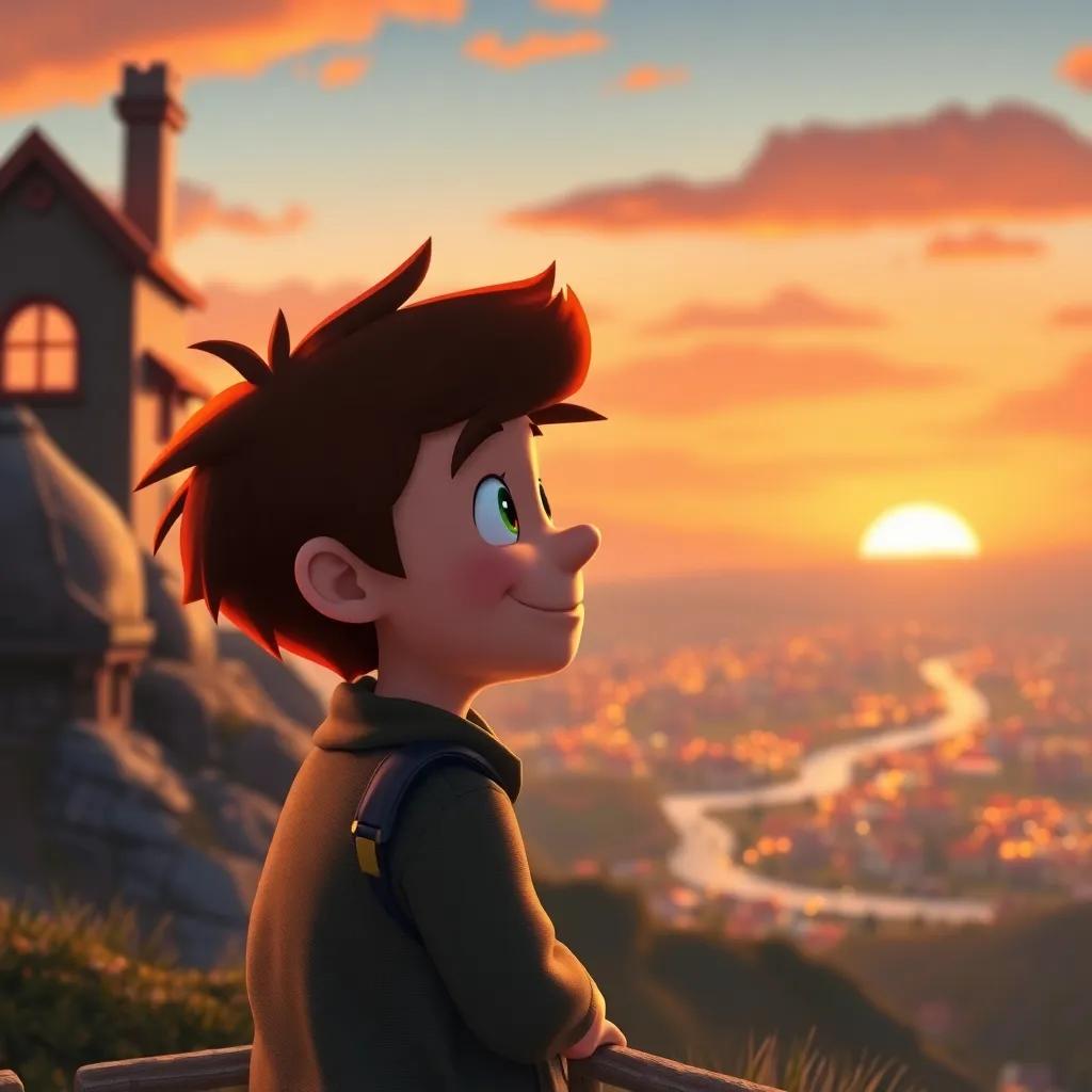 Benny reflecting on his adventure with a smile, looking at the sunset over the town, a feeling of happiness and accomplishment, warm sunset colors, gentle atmosphere, peaceful scene, thoughtful perspective