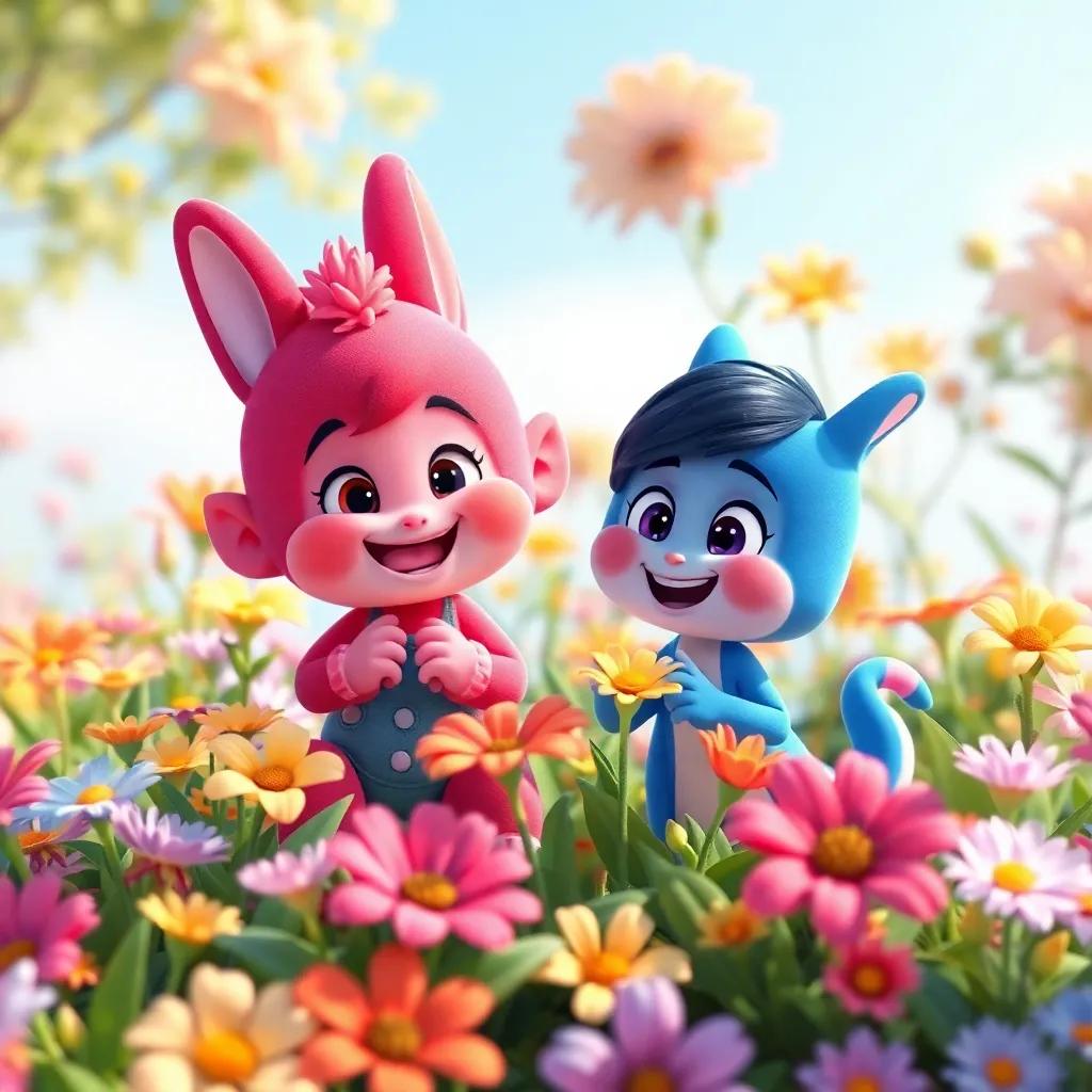 Benny and Tia, enjoying the day, surrounded by colorful flowers in full bloom, playfully exploring and sharing their joy, playful and colorful style, engaging atmosphere, child-friendly imagery