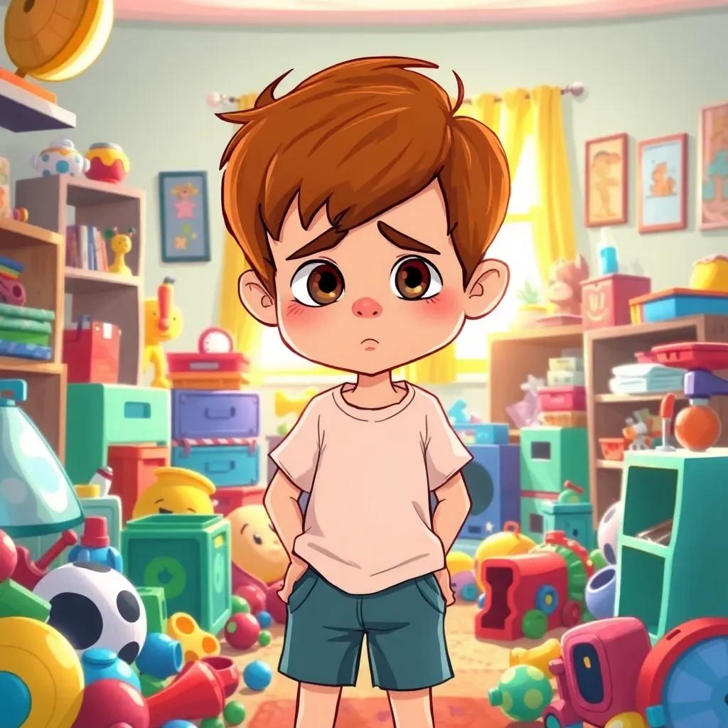 Benny, a young boy with short brown hair, wearing a T-shirt and shorts, looking frustrated in his messy room filled with toys, bright sunlight coming from the window, colorful and chaotic environment, cheerful yet chaotic atmosphere, high quality