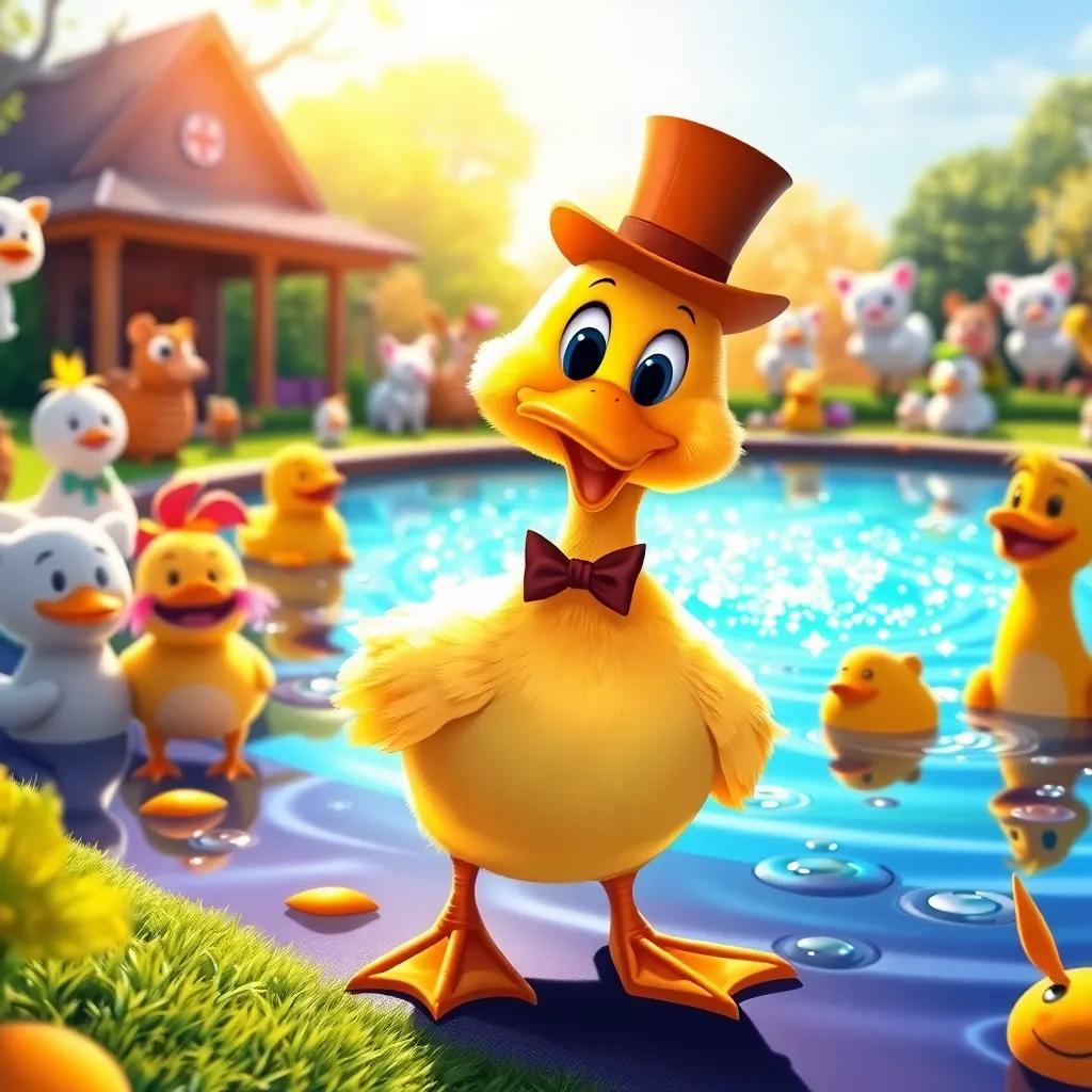 A cheerful duck, Dapper, with bright yellow feathers, wearing a tiny top hat and bowtie, waddling confidently by a sparkling pond surrounded by smiling animals, digital art, vibrant colors, sunny atmosphere, playful perspective, high quality