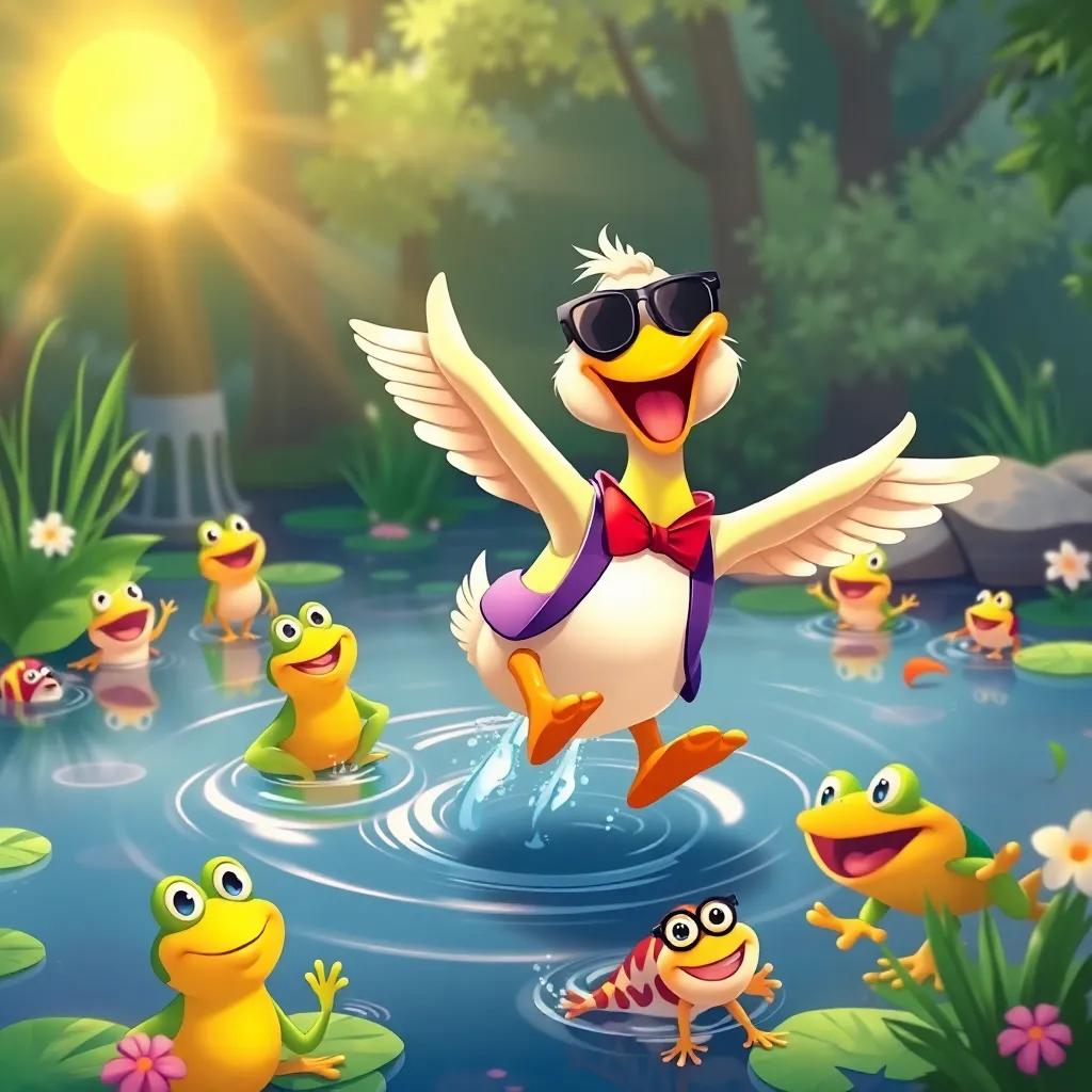 Dapper the duck, jumping joyously in a pond, with frogs and fish watching in excitement, wearing sunglasses, the sun shining down, creating a magical scene, cheerful illustration, bright colors, fun ambiance, child-friendly