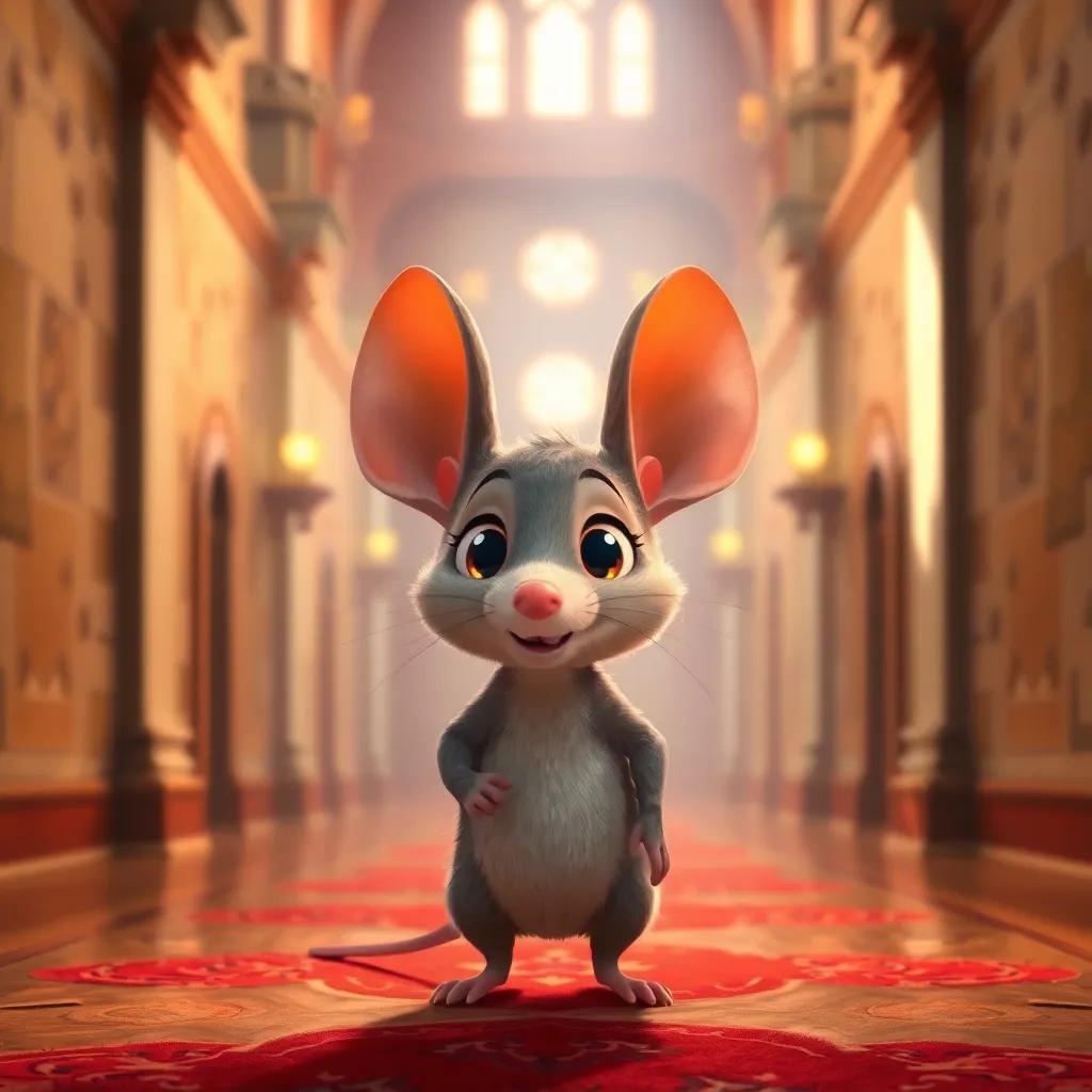 A small, brave mouse named Despereaux with big ears and bright eyes, standing in a grand castle hallway filled with light, digital art, warm colors, cheerful atmosphere, high quality