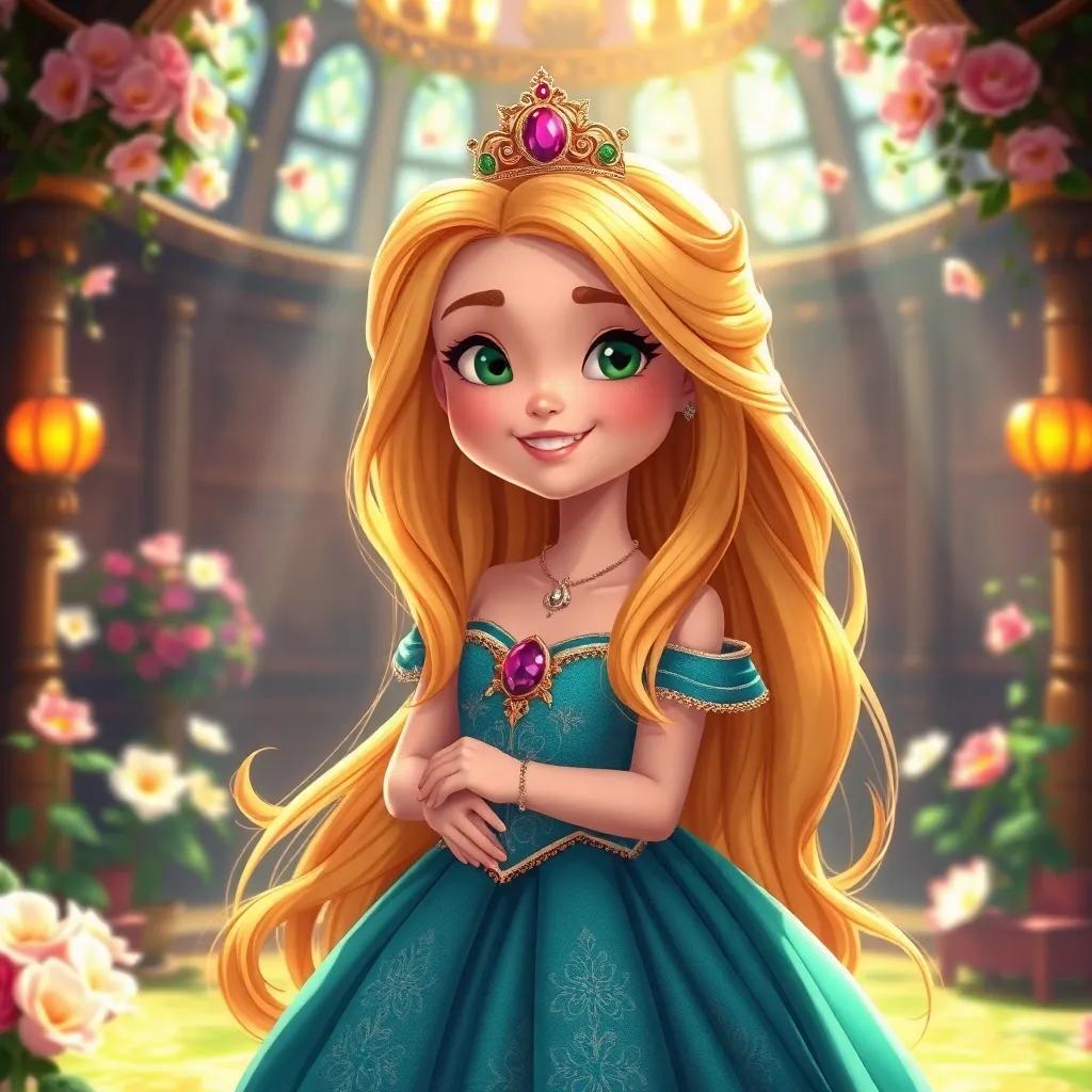 Princess Pea, a young girl with long, golden hair wearing a beautiful royal dress, smiling in her chamber adorned with flowers and sunlight, detailed illustration, vibrant colors, enchanting aura, high quality