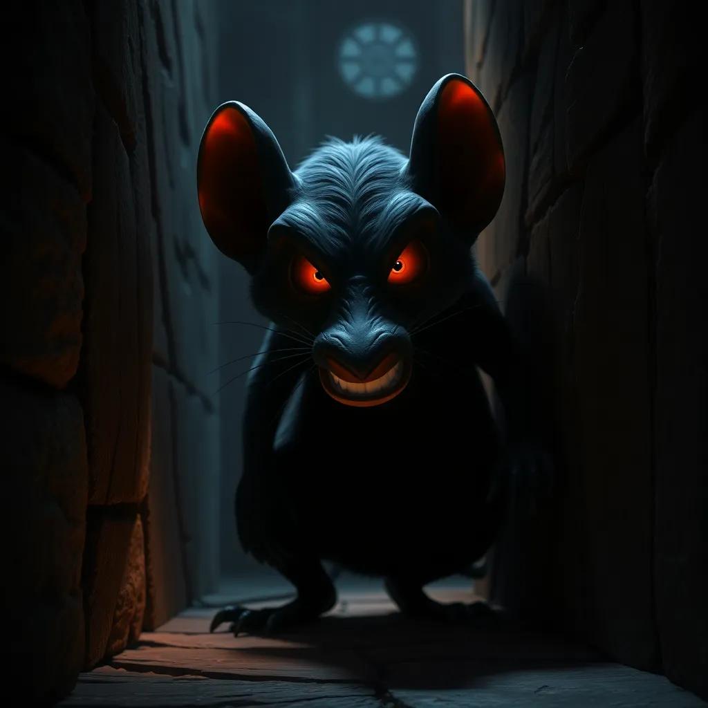 A shadowy figure of Roscuro, a rat with gleaming eyes and a sneer, lurking in the dark corners of the castle, tension in the air, dramatic lighting, dark colors, mysterious atmosphere, high quality