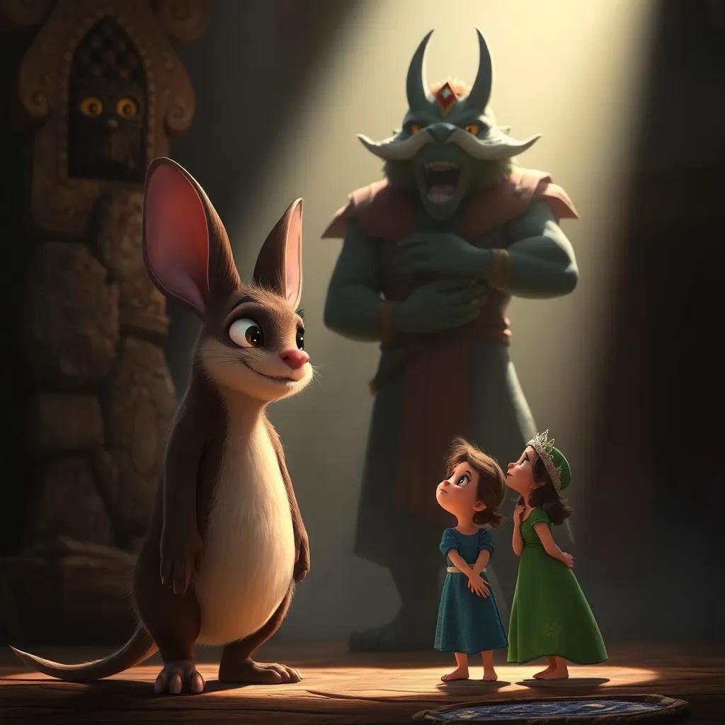 Despereaux standing tall in front of Roscuro, with the princess looking on in awe, bright light illuminating them both, digital painting, dramatic lighting, emotional intensity, high quality
