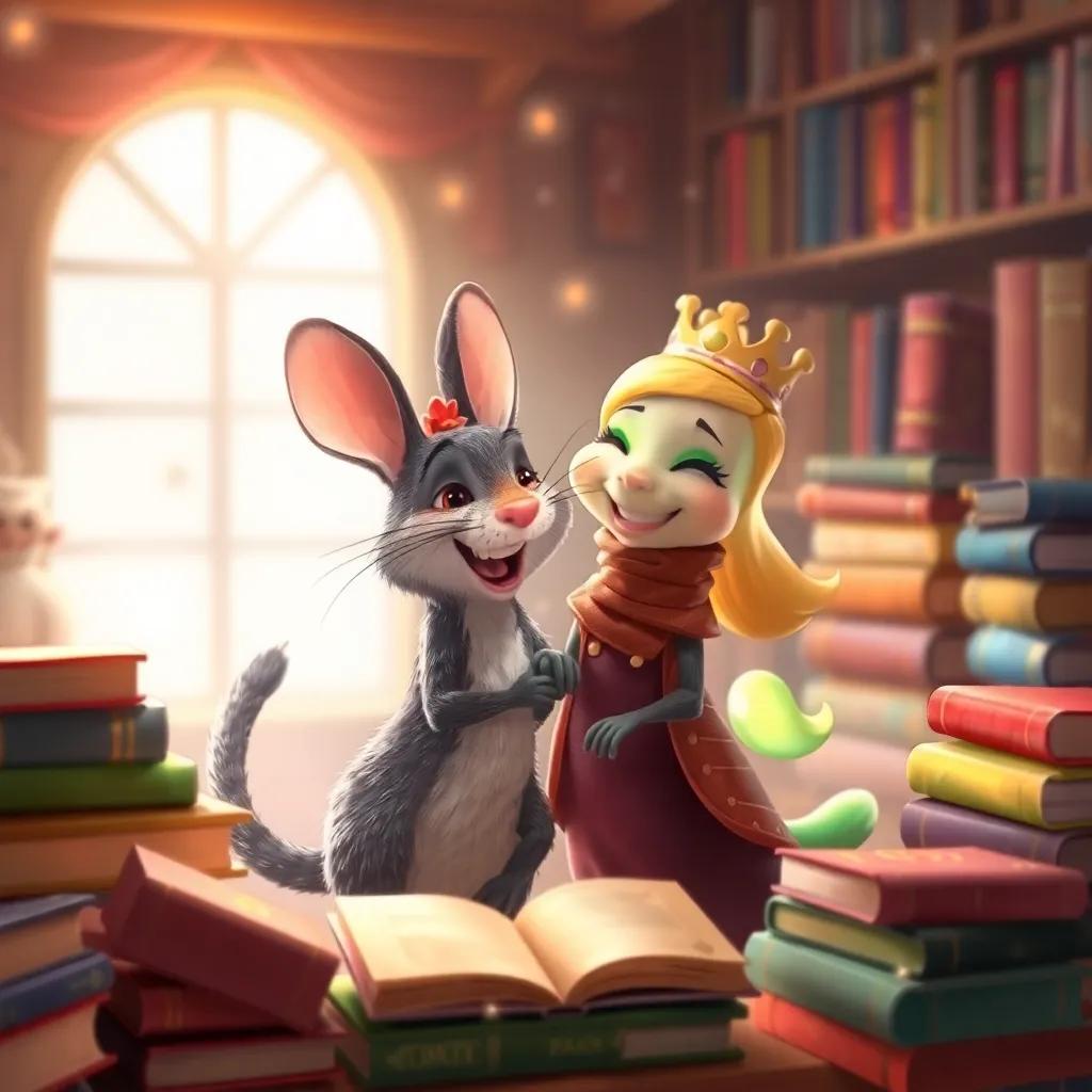 Despereaux and Princess Pea sharing a joyful moment, surrounded by colorful books and sparkling light, a warm scene of friendship, soft colors, joyful atmosphere, high quality