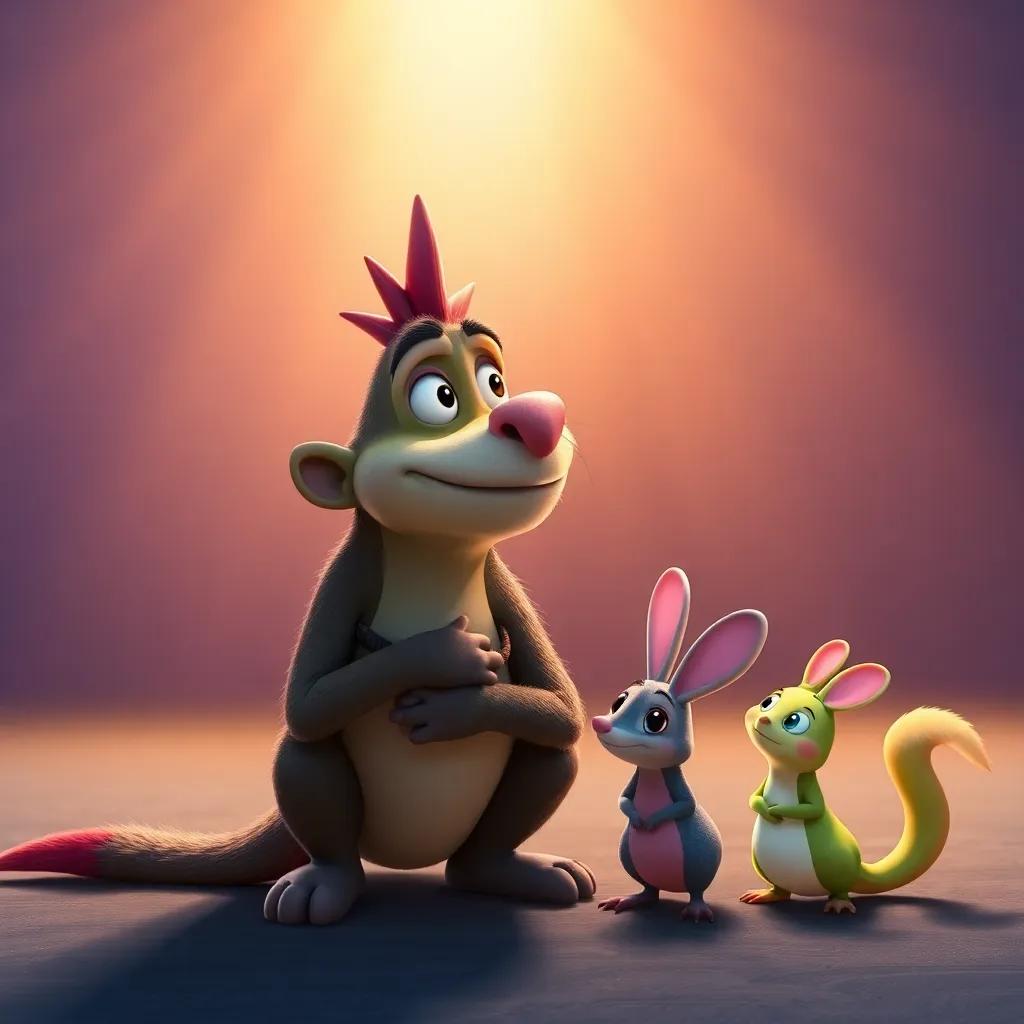 Roscuro looking thoughtful and transformed in a bright light, with Despereaux and Pea beside him, symbolizing friendship and forgiveness, heartwarming scene, bright colors, uplifting vibe, high quality
