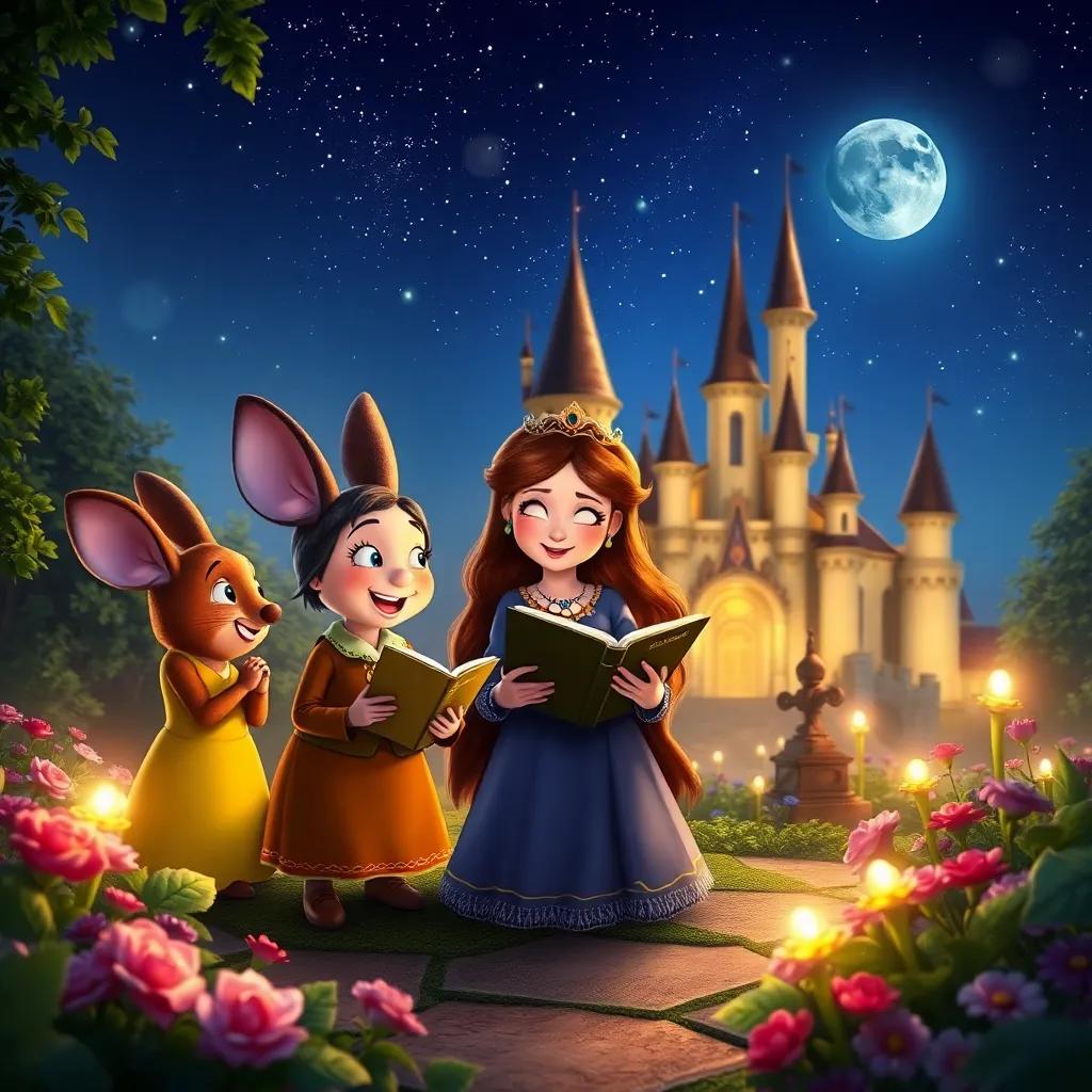 Despereaux, Princess Pea, and Roscuro together under a starlit sky, sharing stories and laughter around a beautiful castle garden, magical scenery, night colors, heartwarming atmosphere, high quality