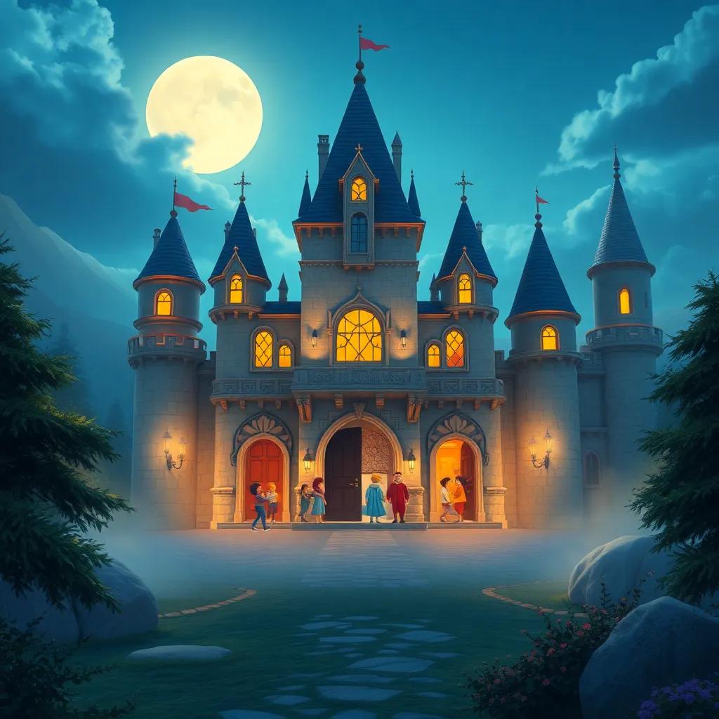 A beautiful illuminated castle with doors open wide, welcoming friends of all kinds, bathed in soft moonlight, enchanting landscape, tranquil colors, dreamy quality, high quality