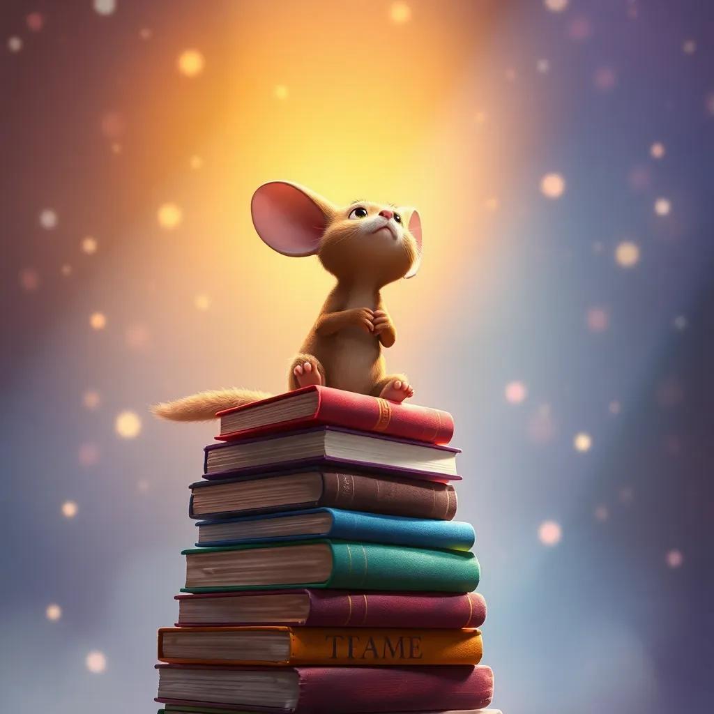 Despereaux sitting atop a stack of books, gazing towards the future with hope, surrounded by the light of storytelling, bright colors, inspiring atmosphere, high quality