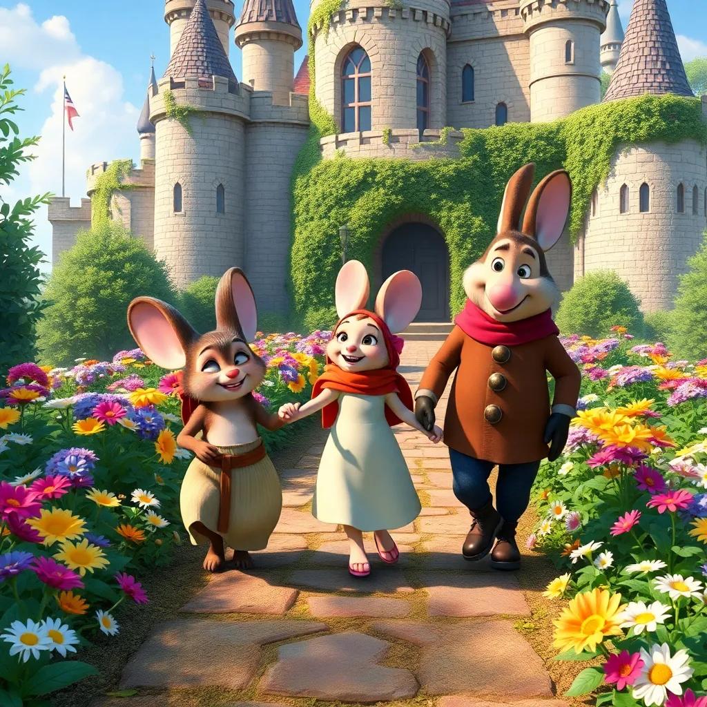 The trio, Despereaux, Pea, and Roscuro, walking hand in hand through the castle gardens filled with flowers, symbolizing love and friendship, colorful scene, cheerful vibe, high quality