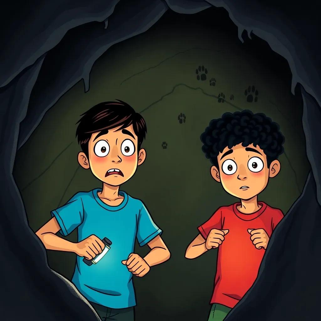 Inside a spooky cave, dimly lit with shadows, Muhammad, a 13-year-old Arab boy with short black hair in a blue shirt, looking scared and clutching a flashlight, while Zayd, a 13-year-old Arab boy with curly black hair in a red t-shirt, looking adventurous and curious, with glowing eyes in the darkness, creating a mysterious atmosphere, illustration, suspenseful, engaging scene.