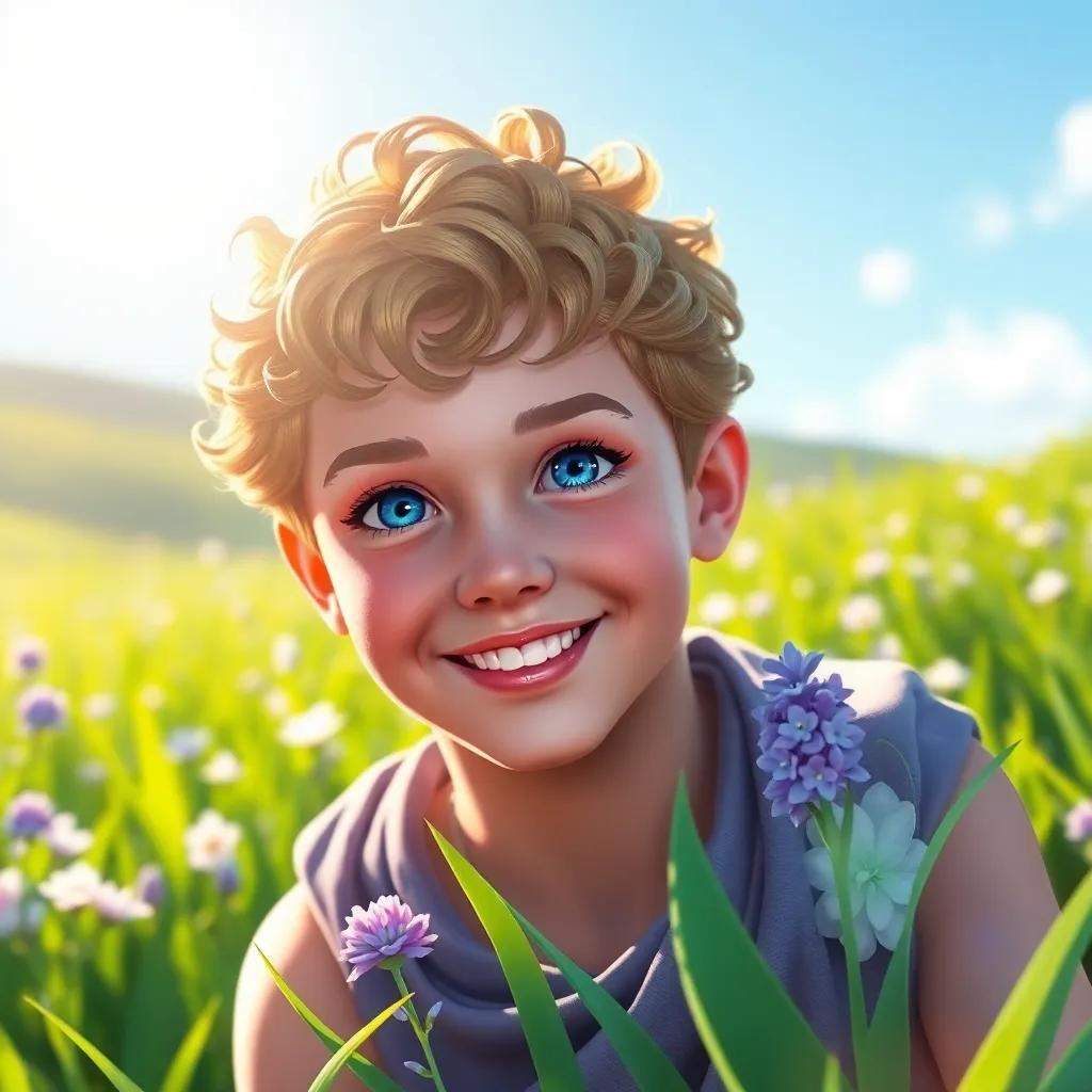 A beautiful Greek boy, Hyacinthus, with deep blue eyes, smiling under the sun in a lush green meadow, bright colors, cheerful atmosphere, digital art, warm light, inviting scene