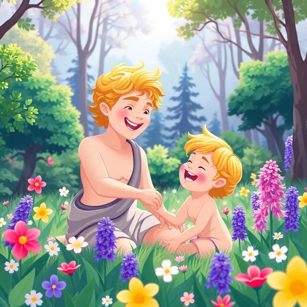 Apollo, a handsome Greek god with golden hair, playing with Hyacinthus in a vibrant forest, their laughter echoing, surrounded by flowers and trees, child-friendly illustration, bright colors, joyful