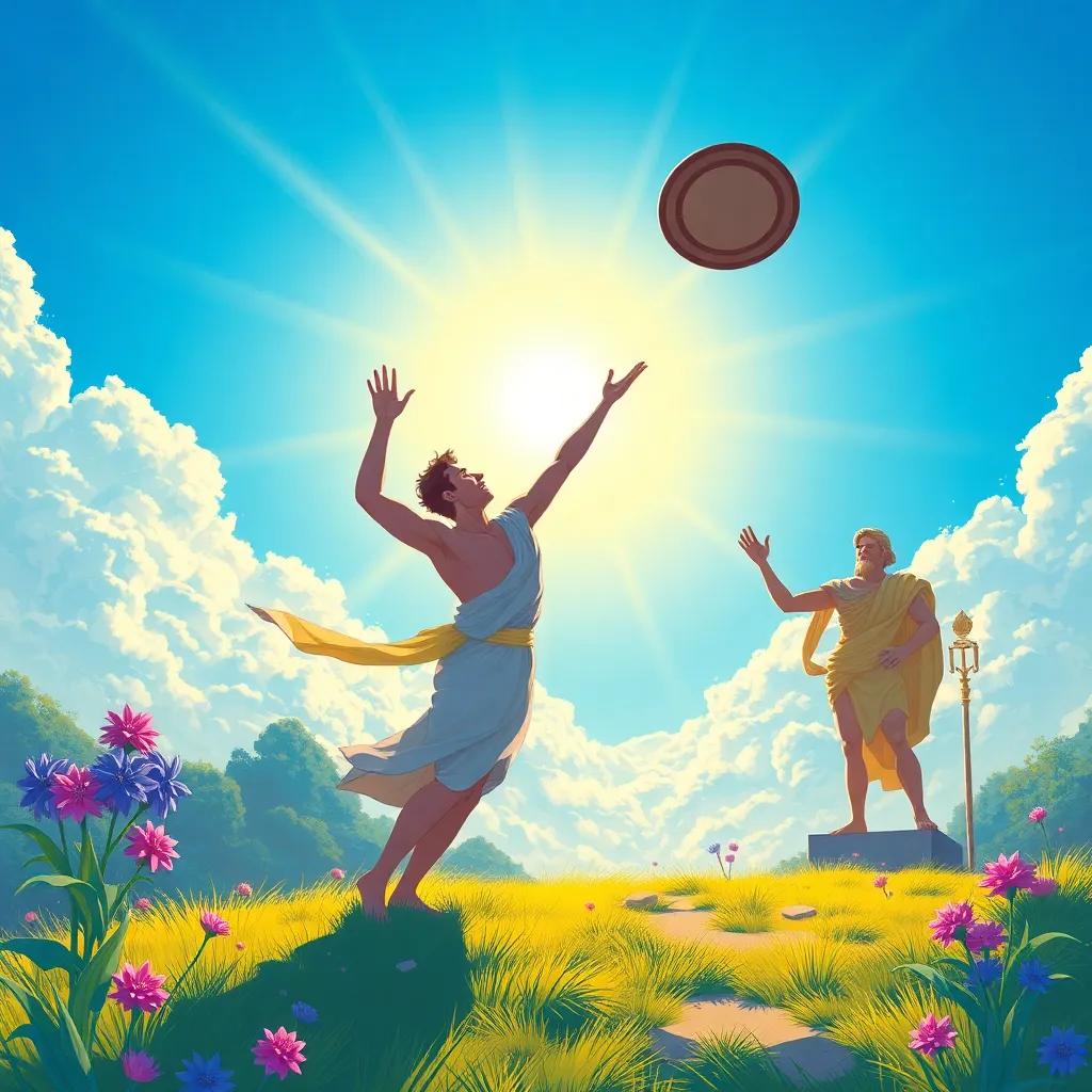 Hyacinthus throwing the discus into a brilliant blue sky, with radiant sunlight illuminating the scene, Apollo encouraging him from a distance, dynamic action, colorful and energetic, illustration