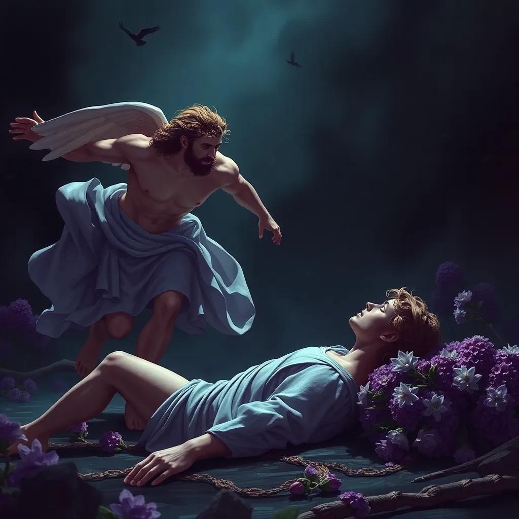 Apollo rushing to Hyacinthus who lies on the ground, concern on his face, a dramatic scene with deep contrasting colors, heartwarming yet sad, realistic art, emotional perspective