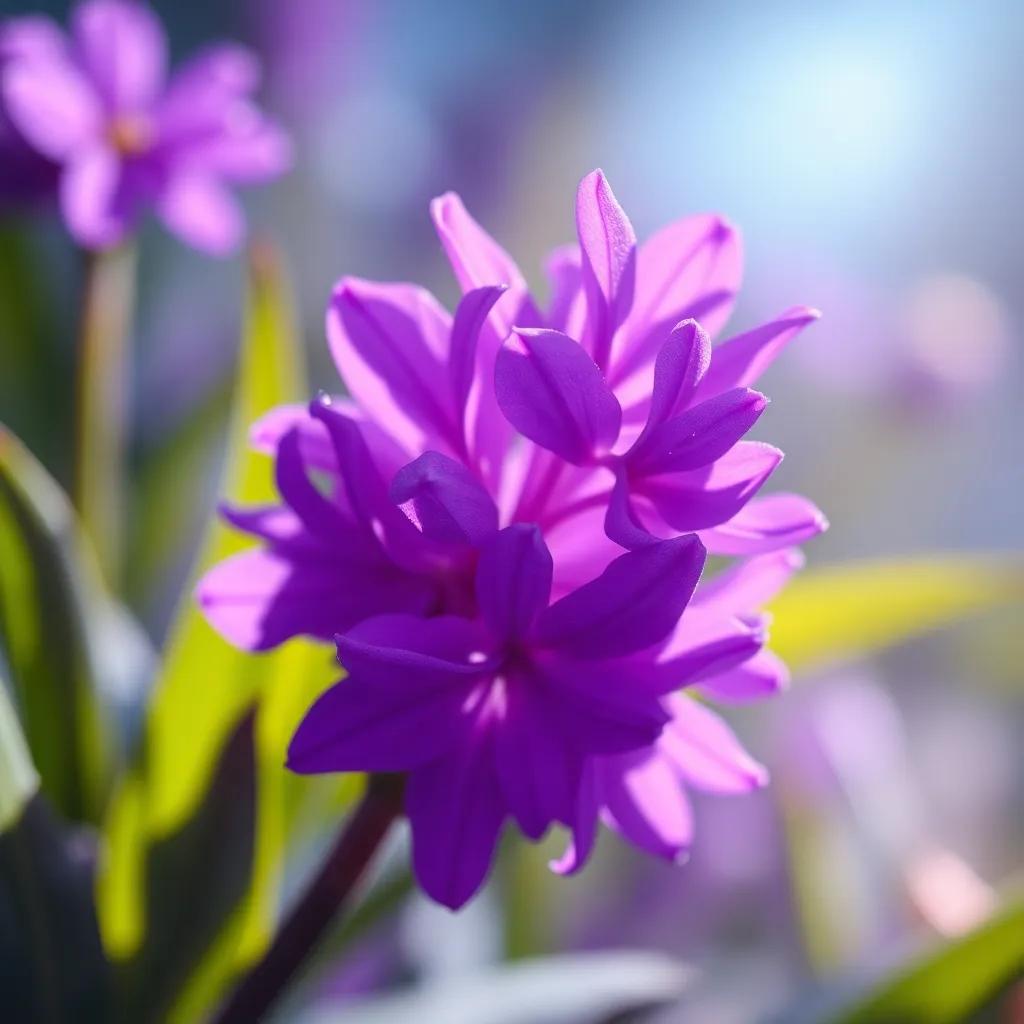 A radiant purple flower blooming where Hyacinthus once lay, with enchanting petals shimmering, and a soft glow surrounding it, symbolizing beauty and love, magical atmosphere, ethereal art