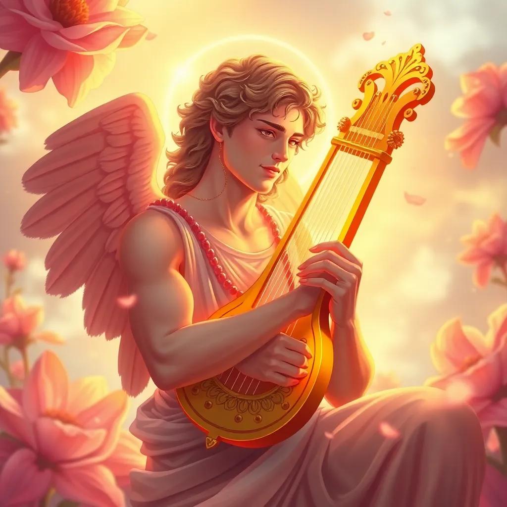 Apollo playing his golden lyre with a background of the blooming flower, singing sweetly, a divine aura around him, warm colors, uplifting mood, fantasy illustration