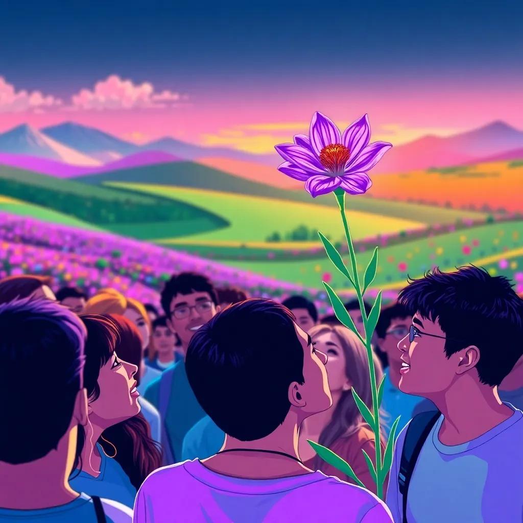 A crowd of people admiring the purple flower, with expressions of awe and joy, in front of a colorful landscape, the scene filled with nature's beauty, vibrant art, engaging and lively