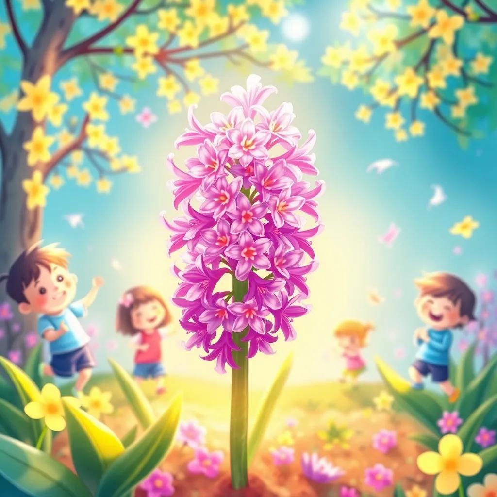 Hyacinthus's flower blossoming in the spring, surrounded by cheerful children playing, a scene of joy and remembrance, bright colors, happy atmosphere, children's book illustration