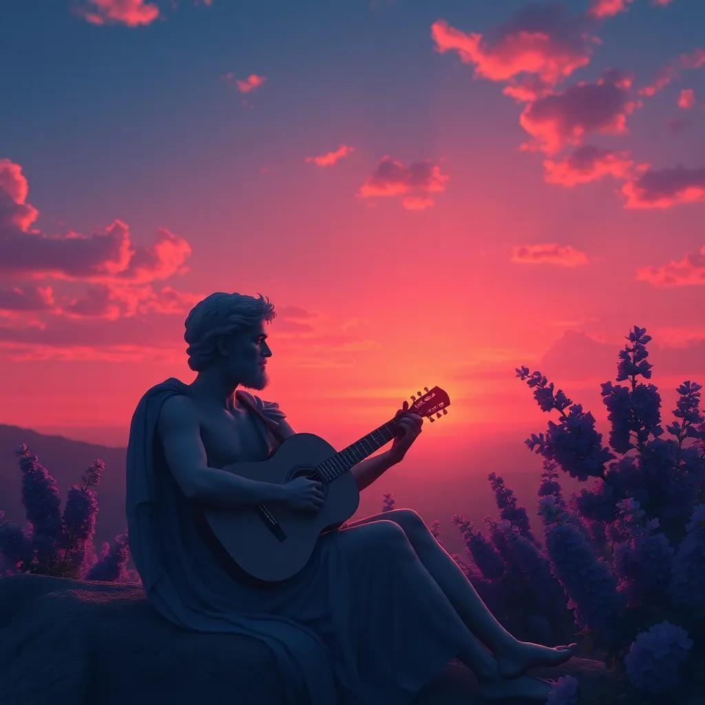 Apollo playing music under a sunset sky, with memories of Hyacinthus dancing around him, a melancholic yet uplifting moment, soft colors, dream-like, heartwarming