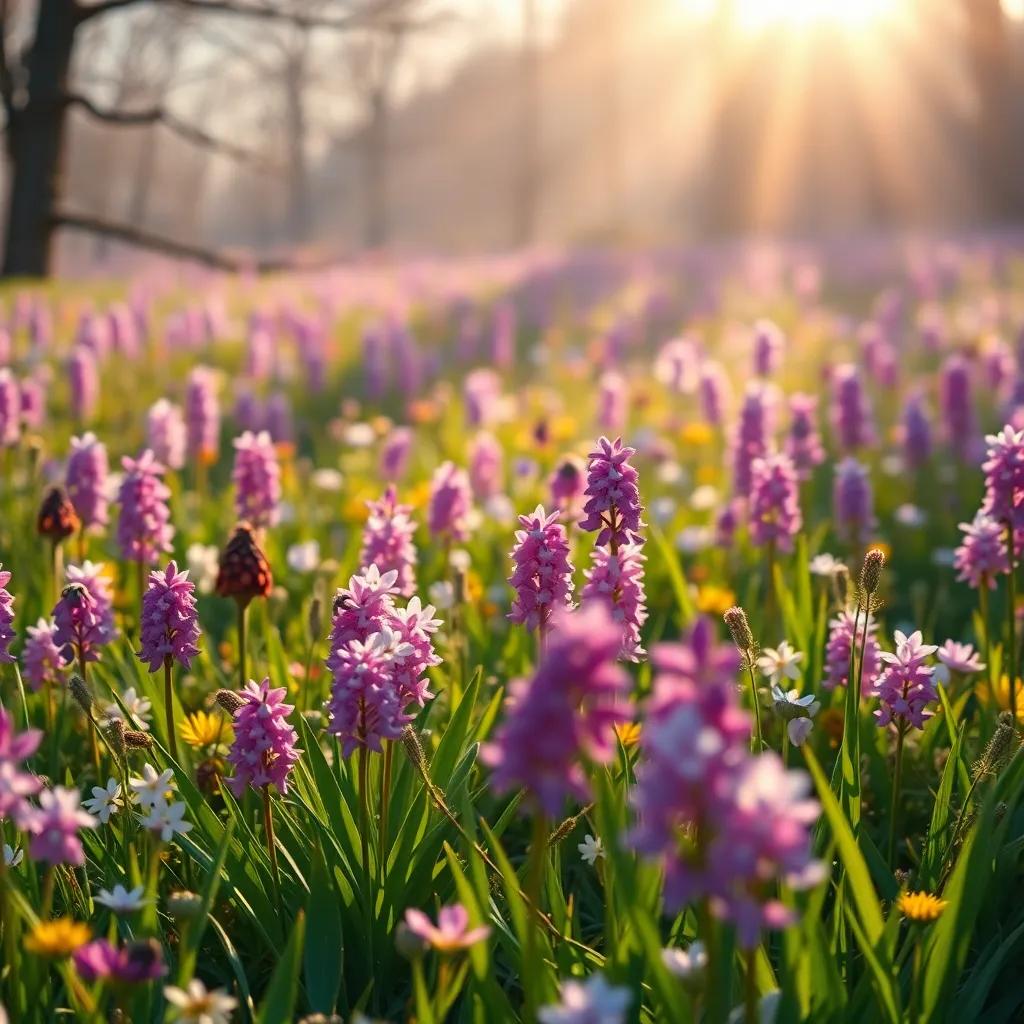 A magical spring meadow filled with vibrant flowers and sunlight, representing the legacy of Hyacinthus, blissful and serene, stunning landscape, visual poetry, tranquil atmosphere