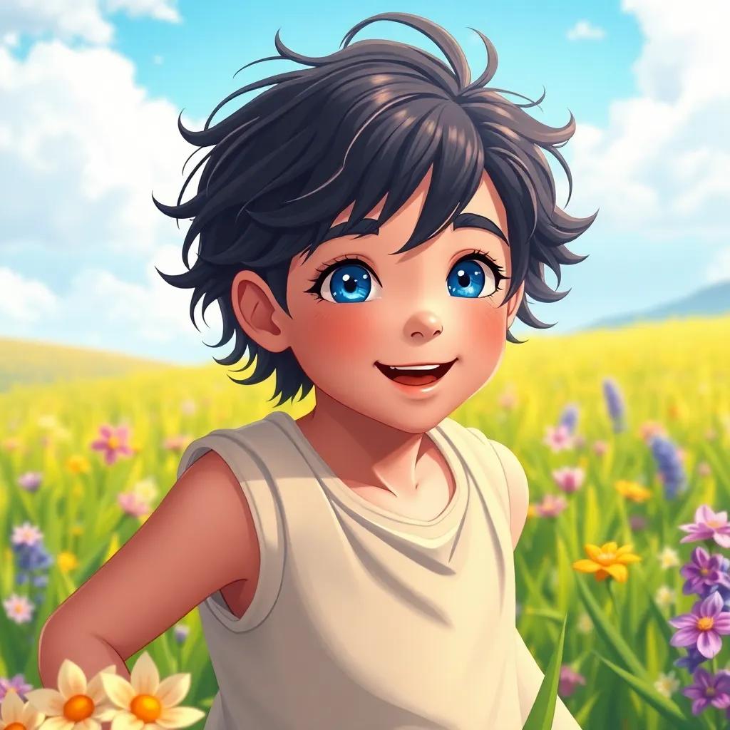 A beautiful boy named Hyacinthus, with dark hair and bright blue eyes, wearing a tunic, playing in a sunny field, surrounded by flowers, cheerful atmosphere, vibrant colors, joyful spirit, high quality, digital art