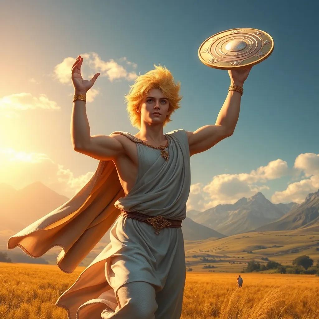 Apollo, a handsome young god, with golden hair and a shimmering robe, throwing a discus into the sky, in an open field with mountains in the background, sunlight glinting off the discus, lively scene, fantasy art, high quality