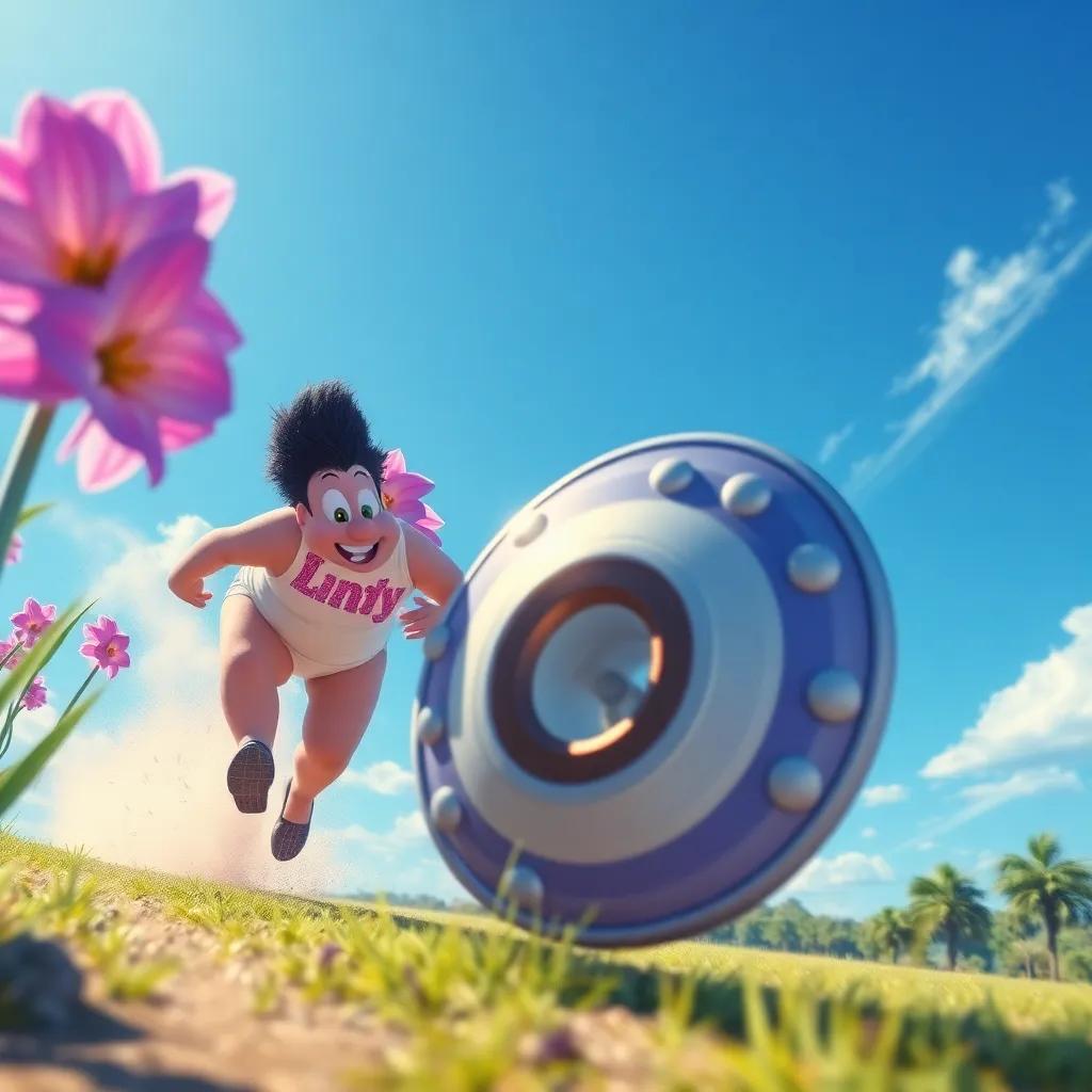 Hyacinthus racing towards the discus, with a look of excitement, the discus in motion striking the ground, capturing the moment of surprise, a clear day with blue sky, dynamic perspective, vibrant colors, emotional scene, digital painting
