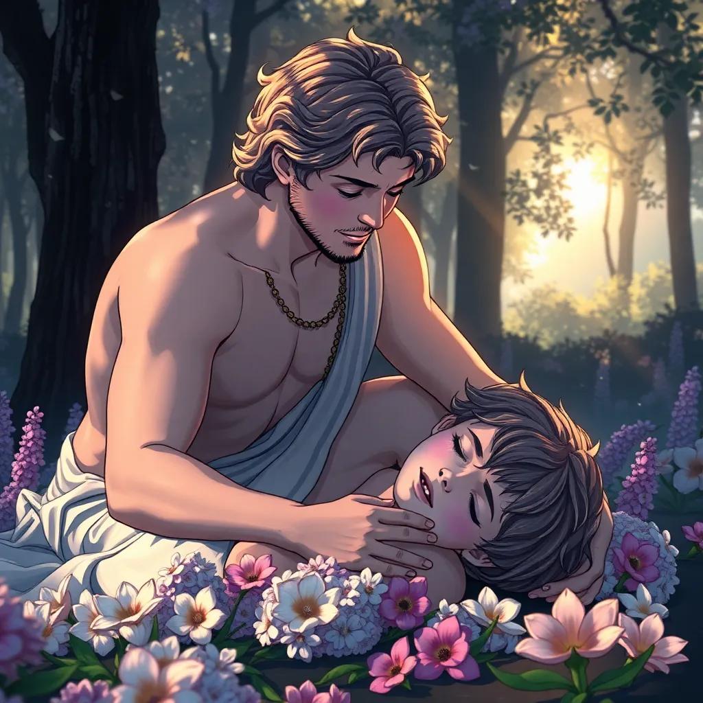 Apollo kneeling beside the injured Hyacinthus, tears in his eyes, with the boy's head resting gently on the ground, flowers around them, somber mood, soft sunlight filtering through the trees, poignant scene, high quality, detailed art