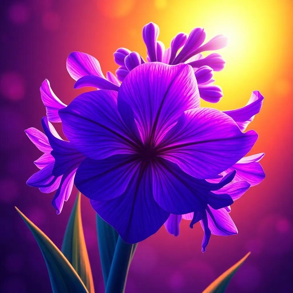 Hyacinthus transformed into a magnificent purple flower in full bloom, petals revealing a unique mark, with Apollo near it, a warm glow surrounding the flower, symbolic, vibrant background, artful rendering, fantasy illustration