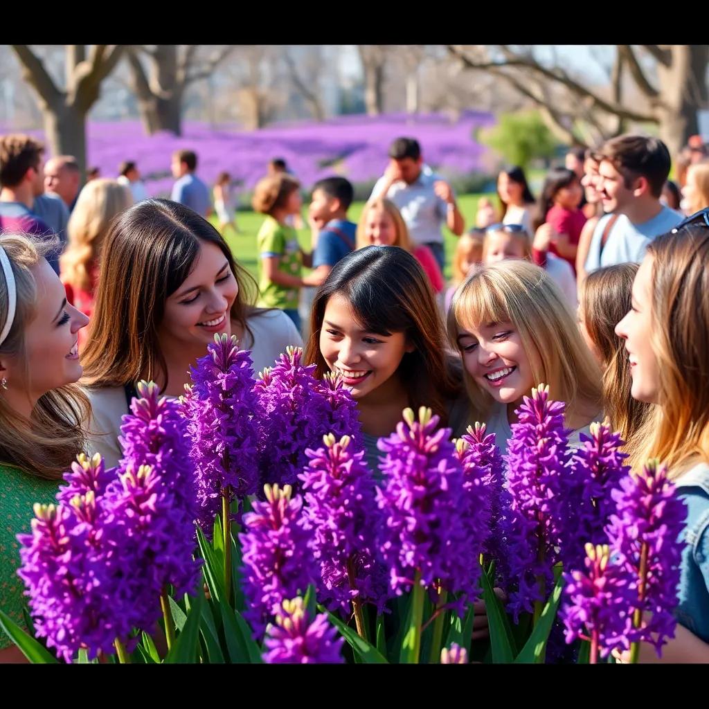 People gathering around blooming purple flowers in spring, with smiles and laughter, sharing stories of Hyacinthus, colorful scene with children playing in the background, joyful celebrations, bright colors, festive atmosphere, high quality, digital art