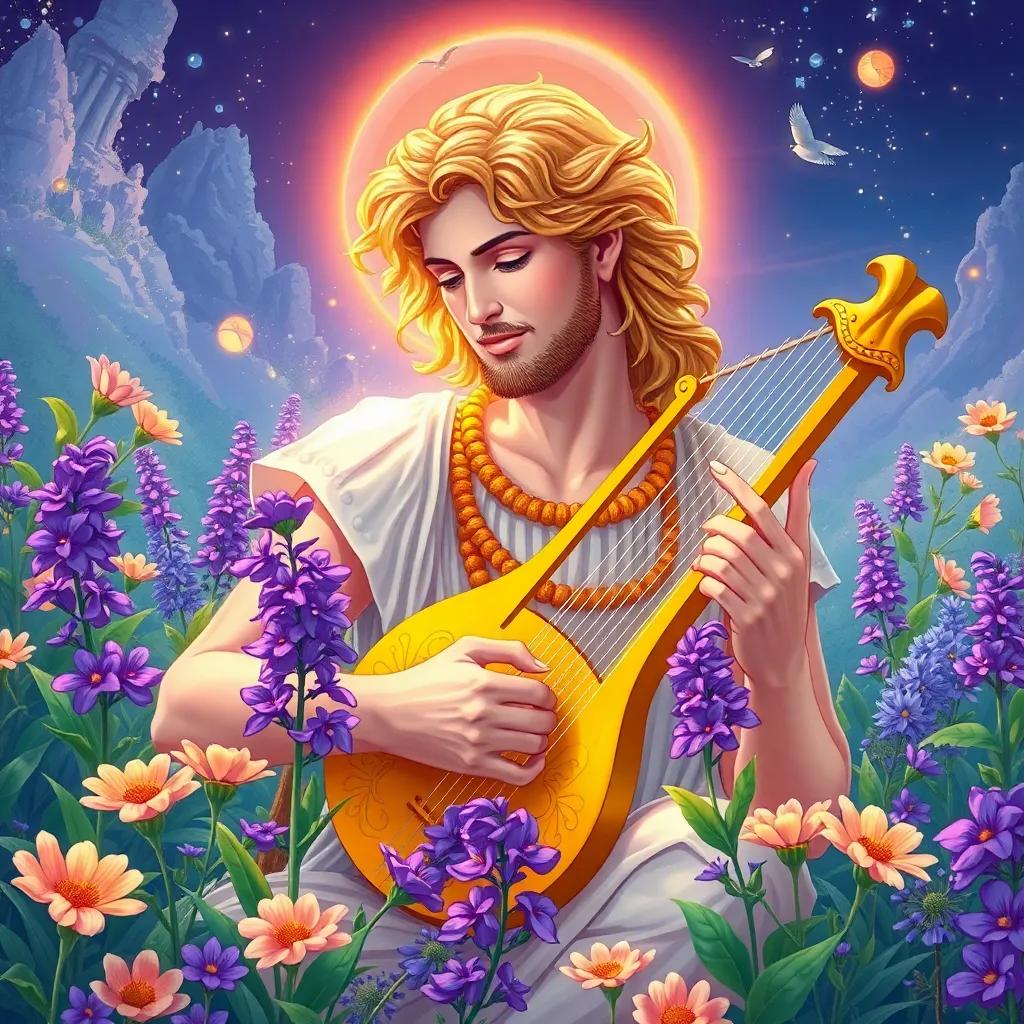 Apollo playing his golden lyre, singing to the purple flowers, with a serene expression, surrounded by a lush landscape full of blooms, magical aura, peaceful moment, colorful and detailed illustration