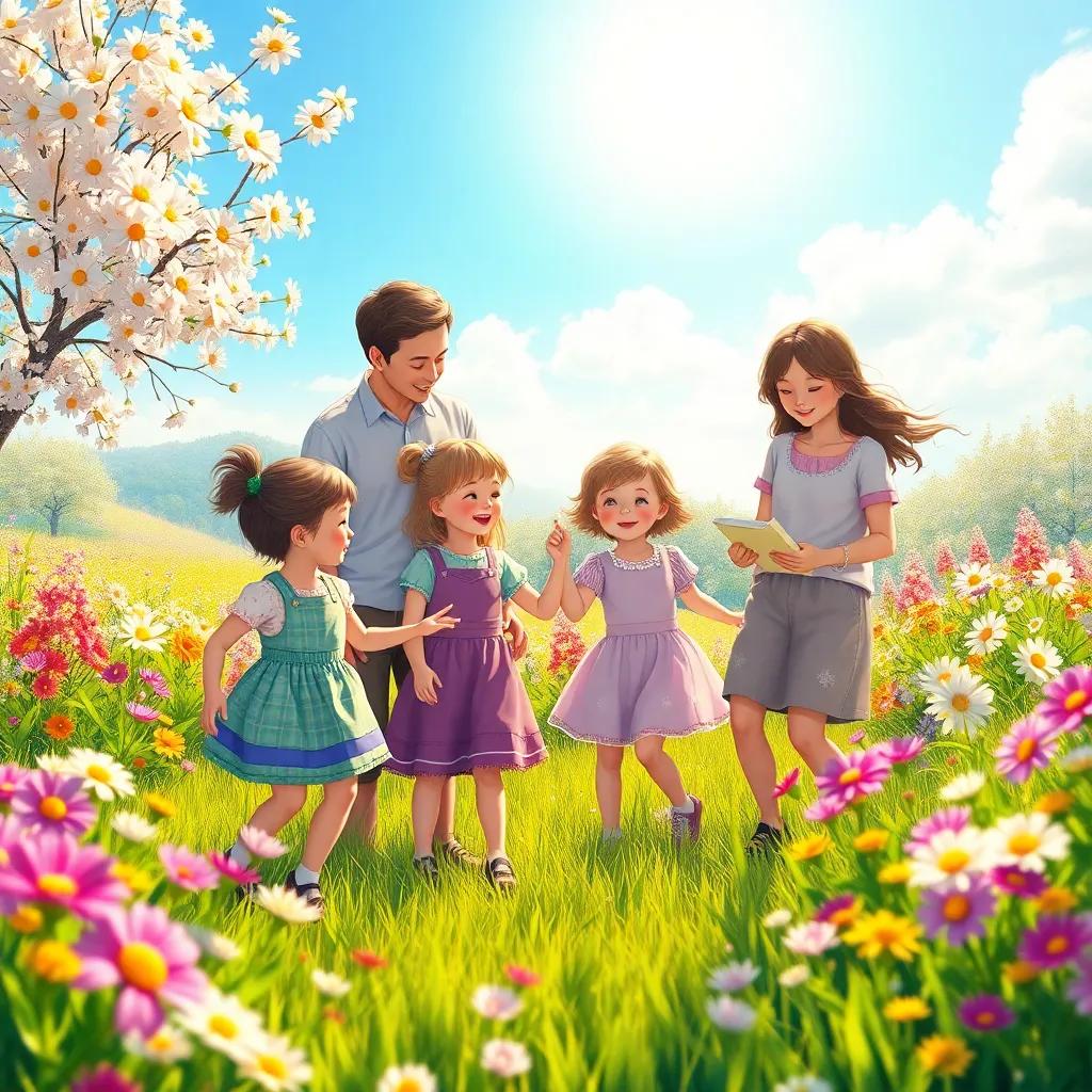 A beautiful spring scene with children dancing among flowers, parents telling stories, vibrant atmosphere, joy in their eyes, sunny day, idyllic landscape, heartwarming scene, colorful depiction, high quality
