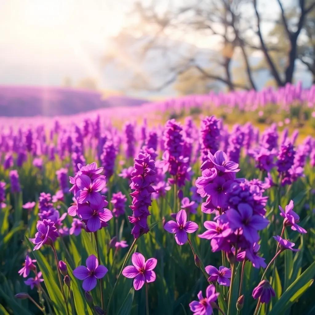 Blooming purple flowers in fields, with soft sunlight cascading over them, capturing the essence of spring, symbolizing love and friendship, enchanting view, tranquil colors, detailed landscape illustration