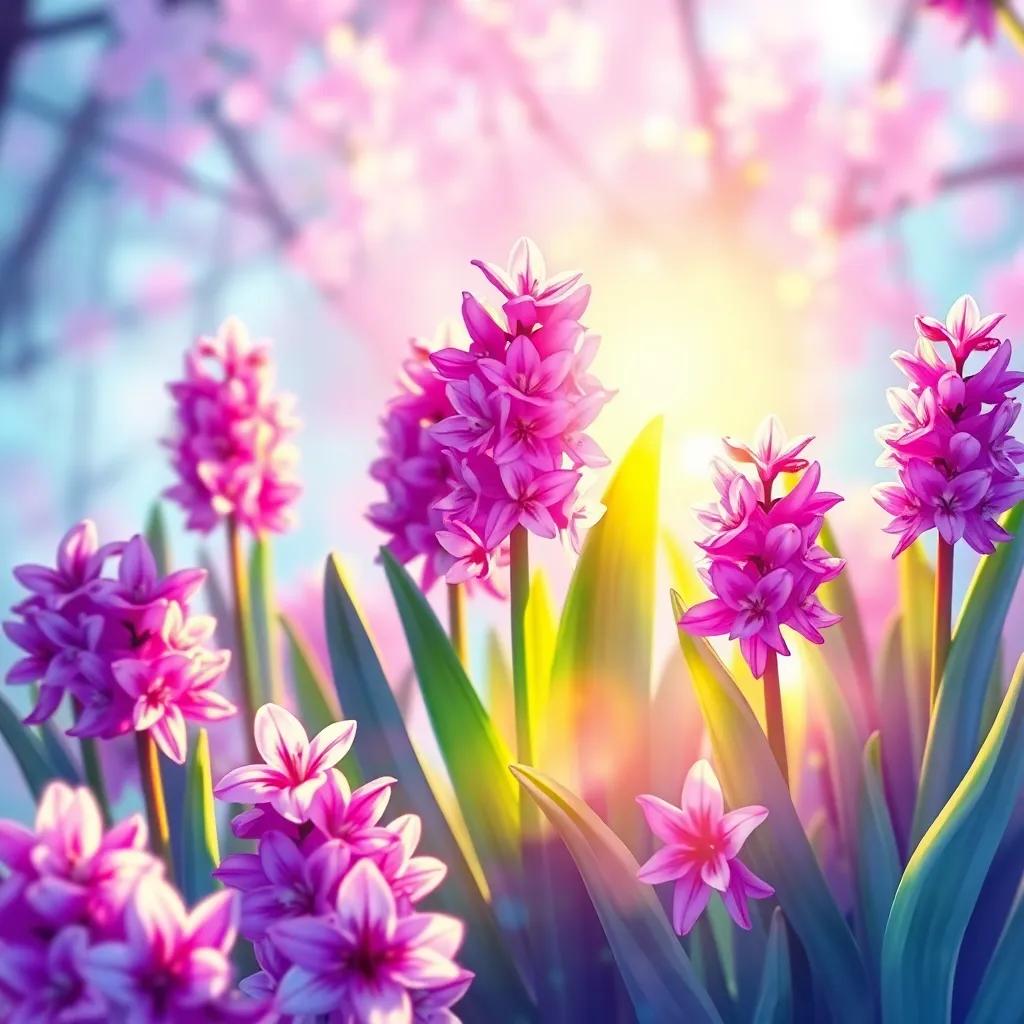 A heartwarming memory of Hyacinthus, reflected in the spring blooms, a sense of joy and connection, vibrant and colorful with a feeling of warmth, capturing the spirit of eternal friendship, high quality, digital painting