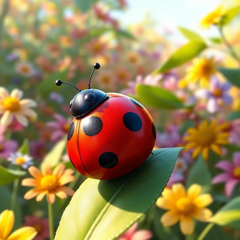 A ladybug named Lila, a small bug with shiny red wings and black spots, sitting on a green leaf in a big garden full of colorful flowers, sunlight filtering through leaves, detailed digital art, vibrant colors, cheerful atmosphere