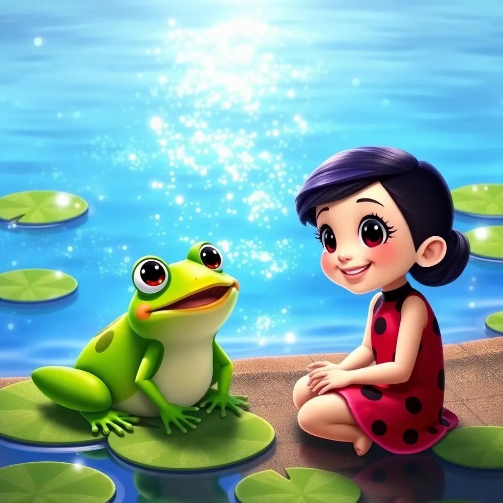 Lila the ladybug meeting Freddy the frog, a green frog with big round eyes, sitting by the sparkling blue lake, surrounded by lily pads, joyful smile, detailed, heartwarming scene, child-friendly